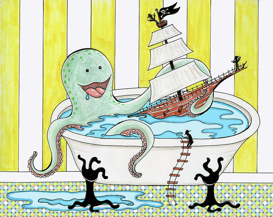 Bathtime WIth The Octopus Drawing by Shawna Rowe
