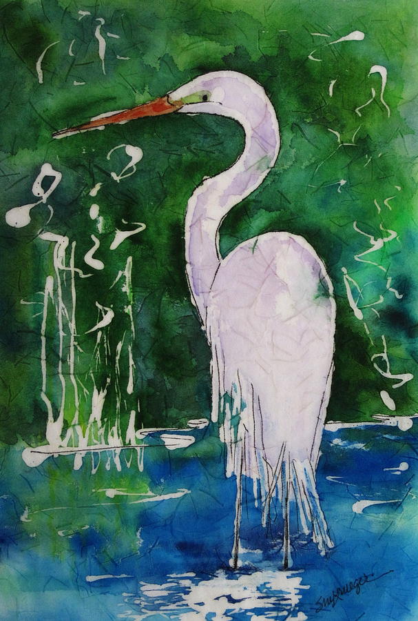 Batik Egret Painting by Suzanne Krueger