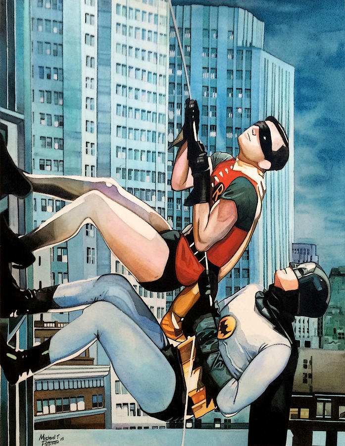 Batman Movie Painting - Batman and Robin Scaling the Wall by Michael Pattison