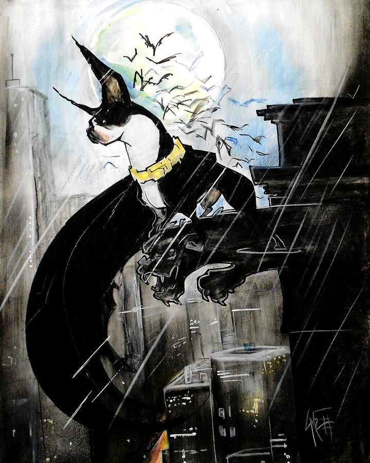 Batman Boston Terrier Caricature Art Print Drawing by John LaFree