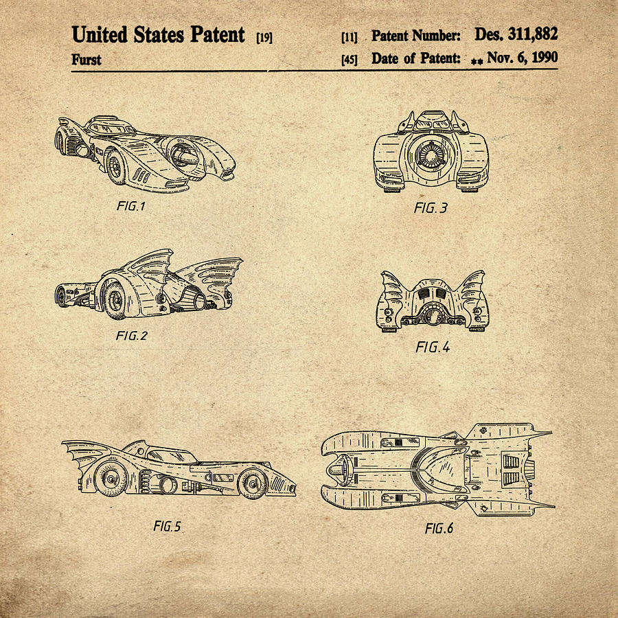 Batman Movie Photograph - Batmobile 1990 Patent in Sepia by Bill Cannon