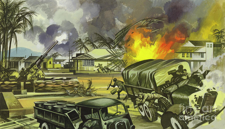 Battle Of Midway, The Japanese bomb Midway airfield Painting by Ron Embleton