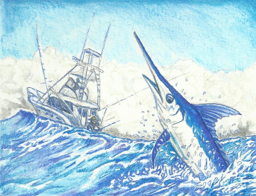 Blue Marlin Drawing - Battling Blue by Sue Bonnar