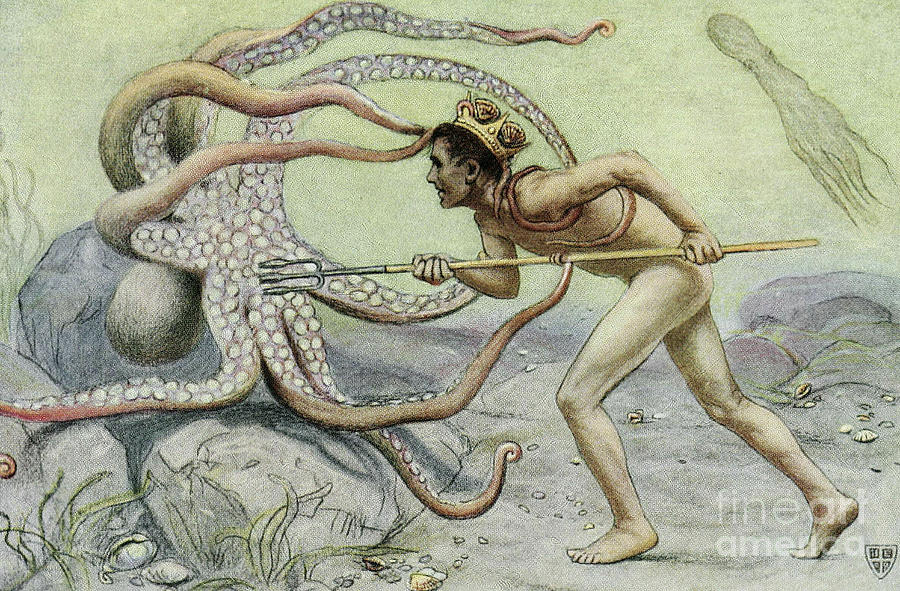 Octopus Painting - Battling the great octopus Scene from The Great Sea Horse by John Elliot