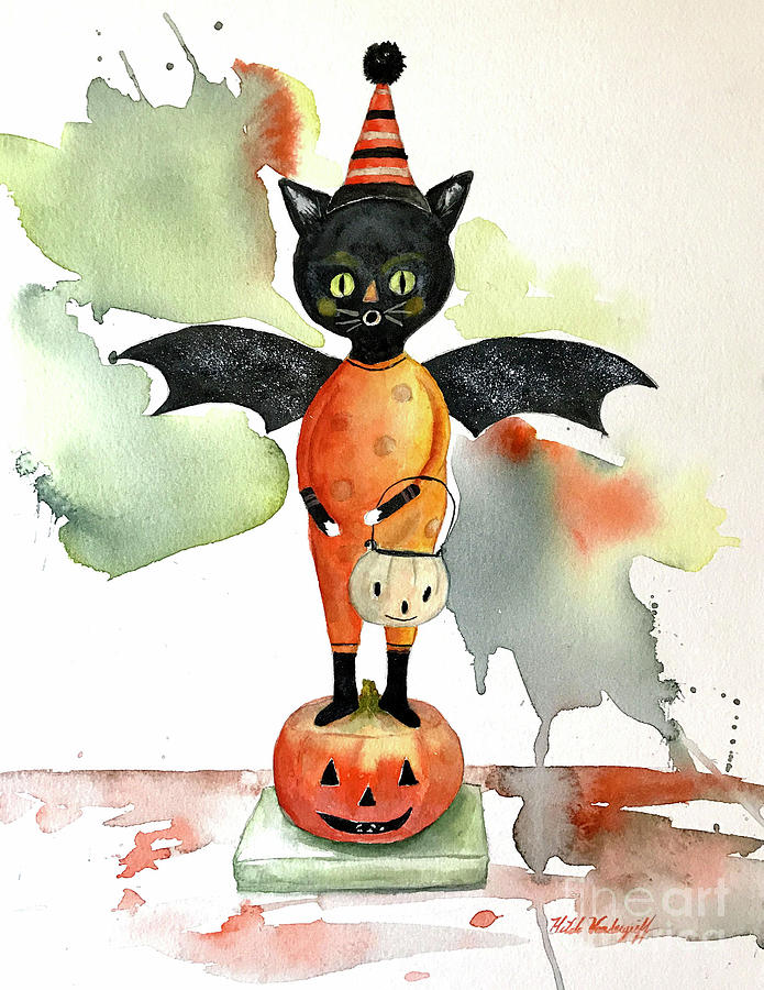 Batty Vintage Cat  Painting by Hilda Vandergriff