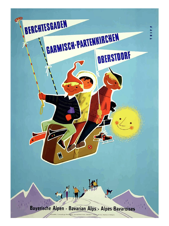 Bavaria, Alps, Germany, kids are riding suitcase above mountains Painting by Long Shot