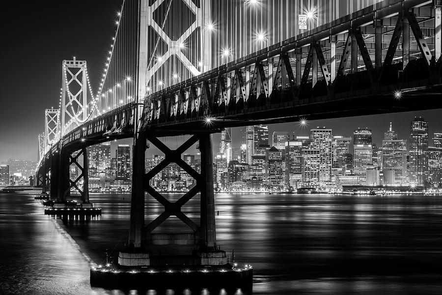 Bay Bridge and San Francisco By Night 10 Monochrome Photograph by Jason Chu
