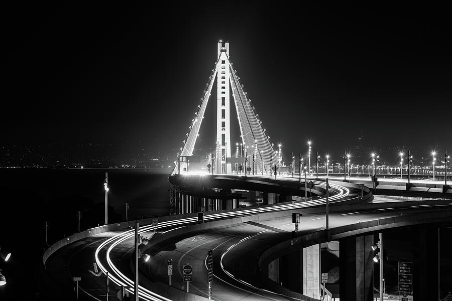 Bay Bridge East By Night 6 Monochrome Photograph by Jason Chu