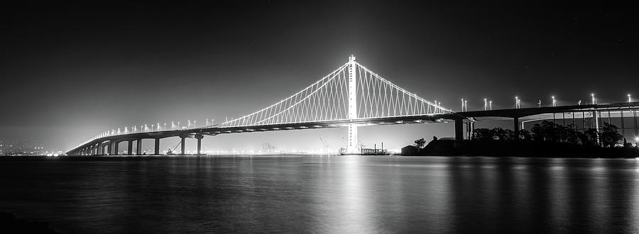 Bay Bridge East By Night Panorama Monochrome Photograph by Jason Chu