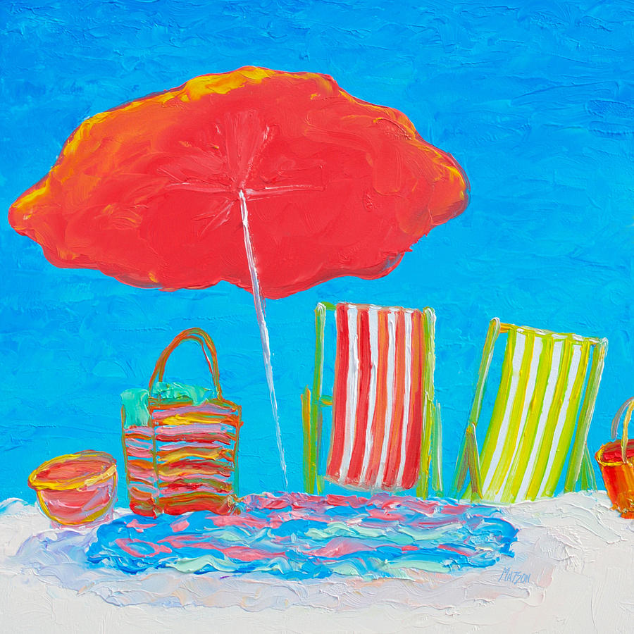 Impressionism Painting - Beach Art - The red umbrella by Jan Matson