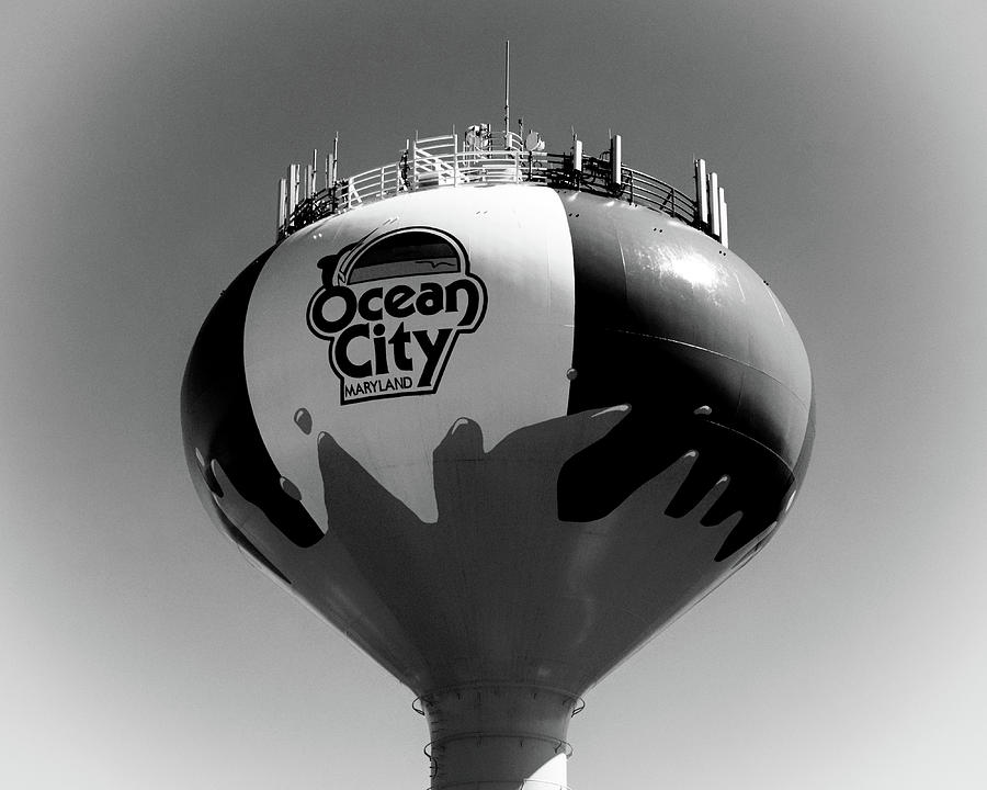 Beach Ball Water Tower in Ocean City Black and White Photograph by Bill Swartwout