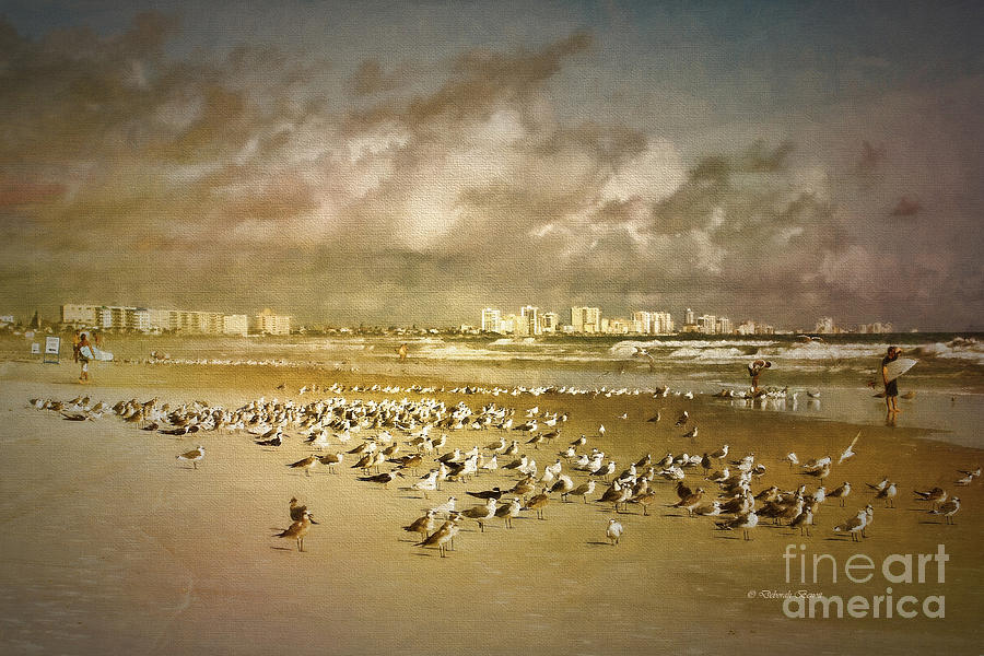 Beach Birds Surfers and Waves Painting by Deborah Benoit