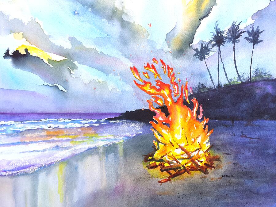 Beach Bonfire at Sunset Painting by Carlin Blahnik CarlinArtWatercolor