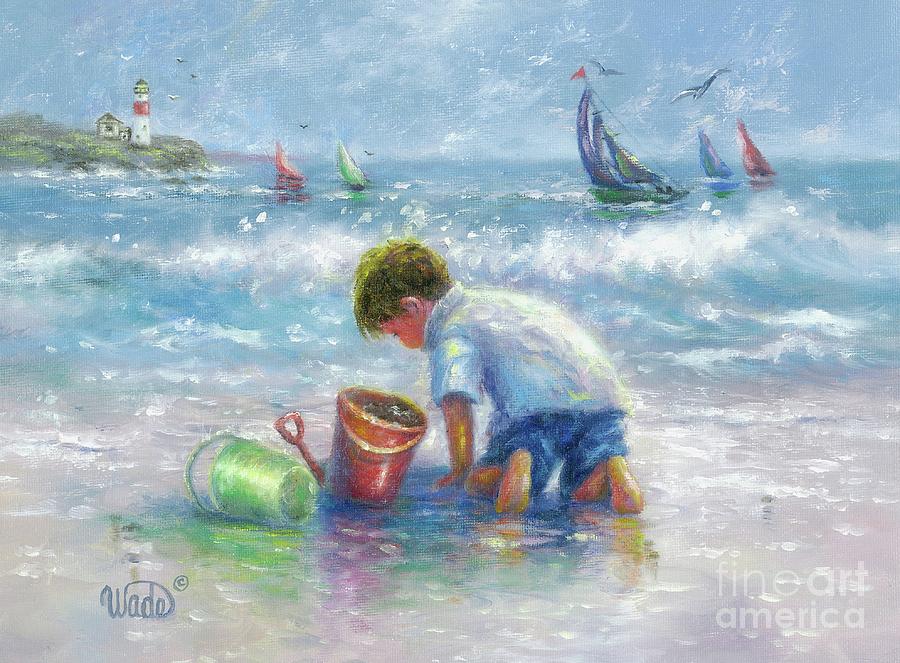 Lighthouse Painting - Beach Boy Sand and Sailboats by Vickie Wade