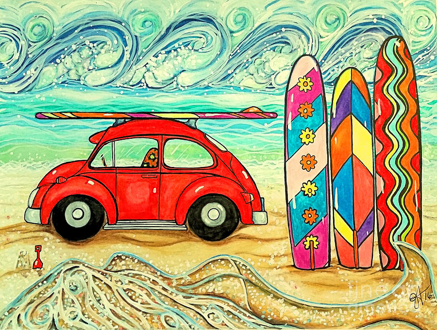 Mermaid Beach Sandy Sand Sculptor Hippies Ocean Waves Surf Boards Jackie Carpenter Painting by Jackie Carpenter