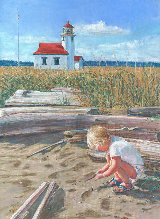 Beach by Lighthouse Painting by Nick Payne