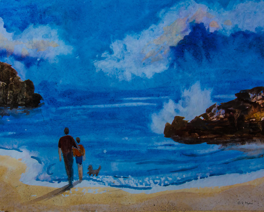 Beach Couple With Dog Painting by Vickie Myers