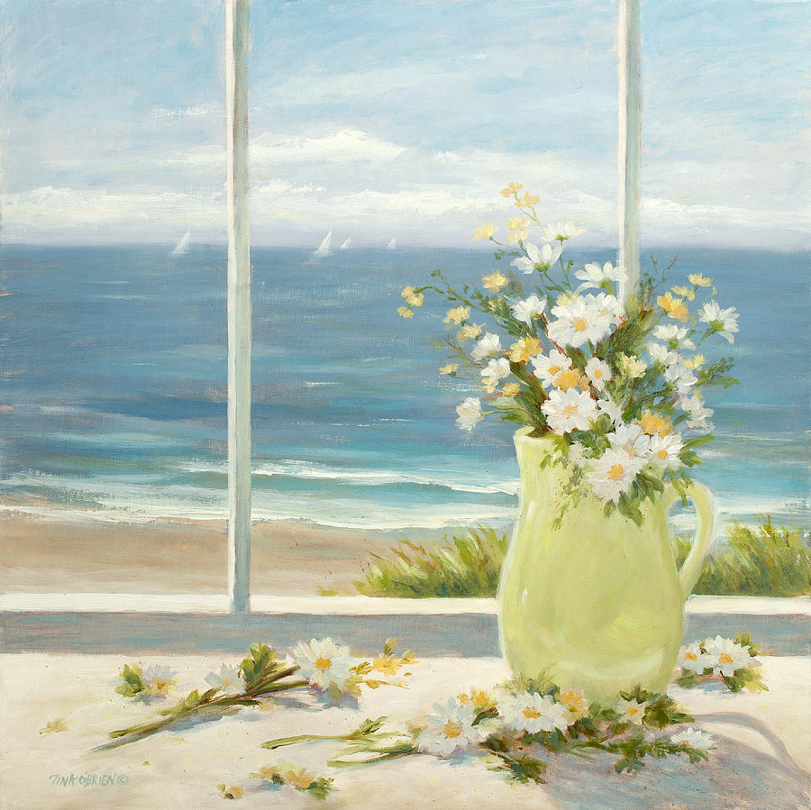 Flower Painting - Beach Daisies in Yellow vase by Tina Obrien