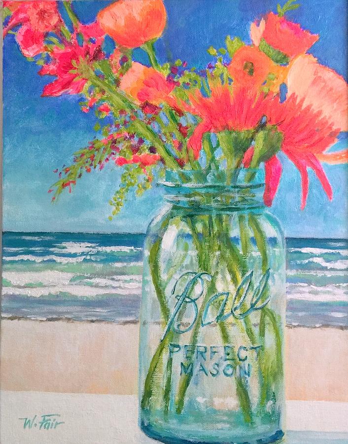 Beach Flowers in Ball Jar Painting by Wayne Fair Fine Art America
