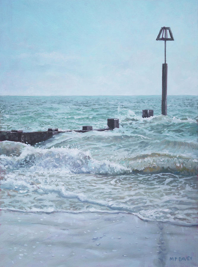 Beach groin with autumn waves Painting by Martin Davey