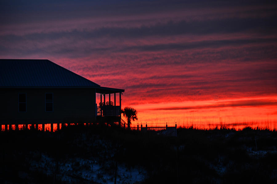 Beach House and Red Sky Photograph by Michael Thomas