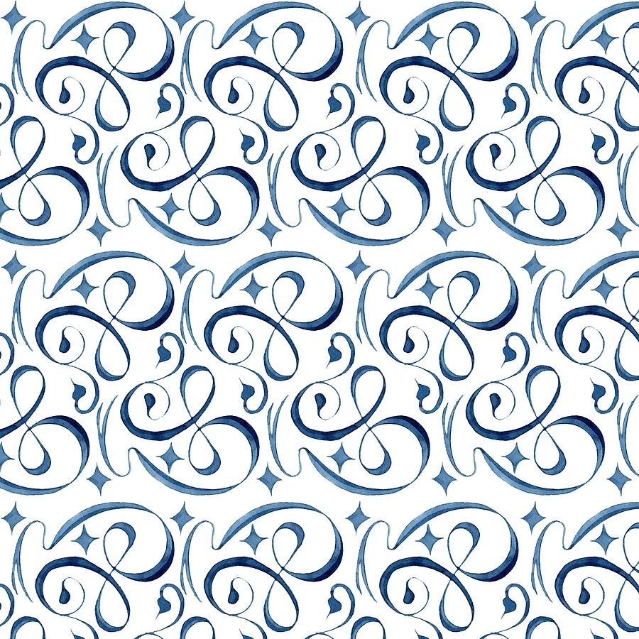 Beach House Indigo Star Swirl Scroll Pattern Painting by Audrey Jeanne Roberts