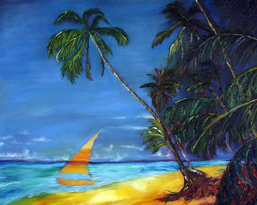 Beach Palm Sailboat Painting