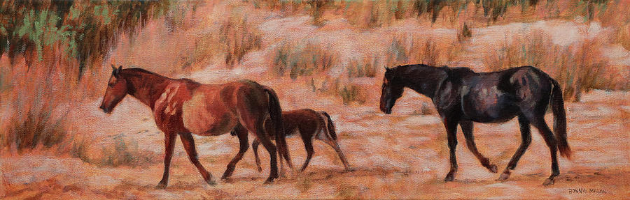 Beach Ponies - Wild horses in the dunes Painting by Bonnie Mason