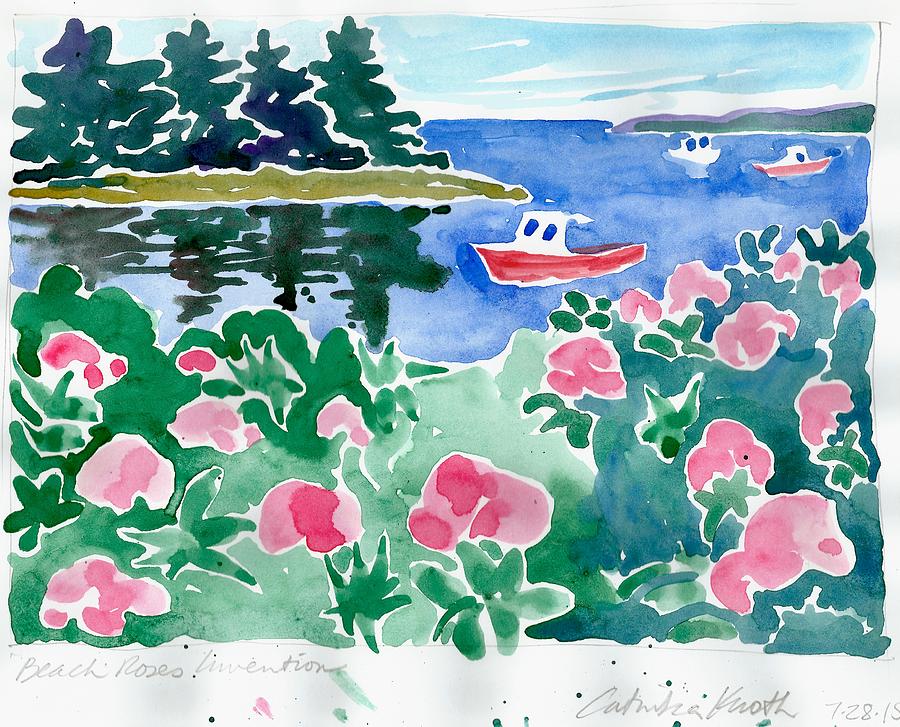 Beach Roses Red Boat Coastal Floral Landscape Watercolor Painting by Catinka Knoth