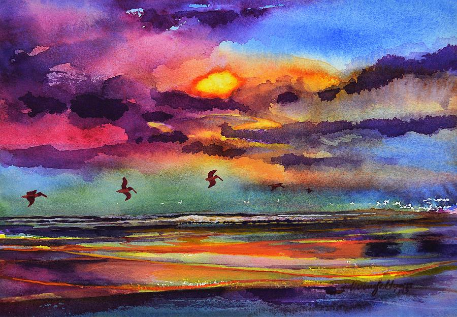 Beach sunrise with Pelicans 7-10-17 Painting by Julianne Felton