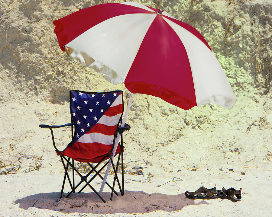 Beach Time - U. S. A. Flag Chair and Umbrella Photograph by Mitch Spence