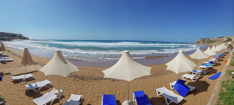 Summer Photograph - Beach Umbrella and Sunbed Panorama by Iordanis Pallikaras