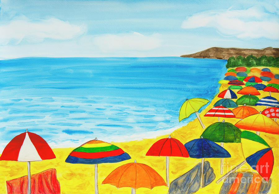 Beach umbrellas and sea Painting by Irina Afonskaya