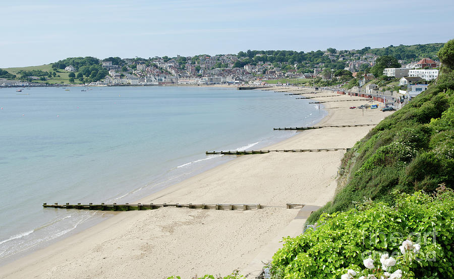 BEACH VIEW Swanage Bay sandy beach Jurassic coast Dorset England UK ...