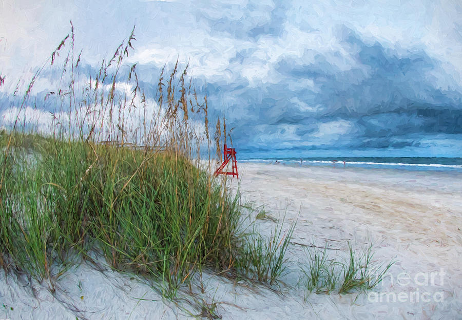 Beach with Red Lifeguard Chair Painting by Linda Olsen