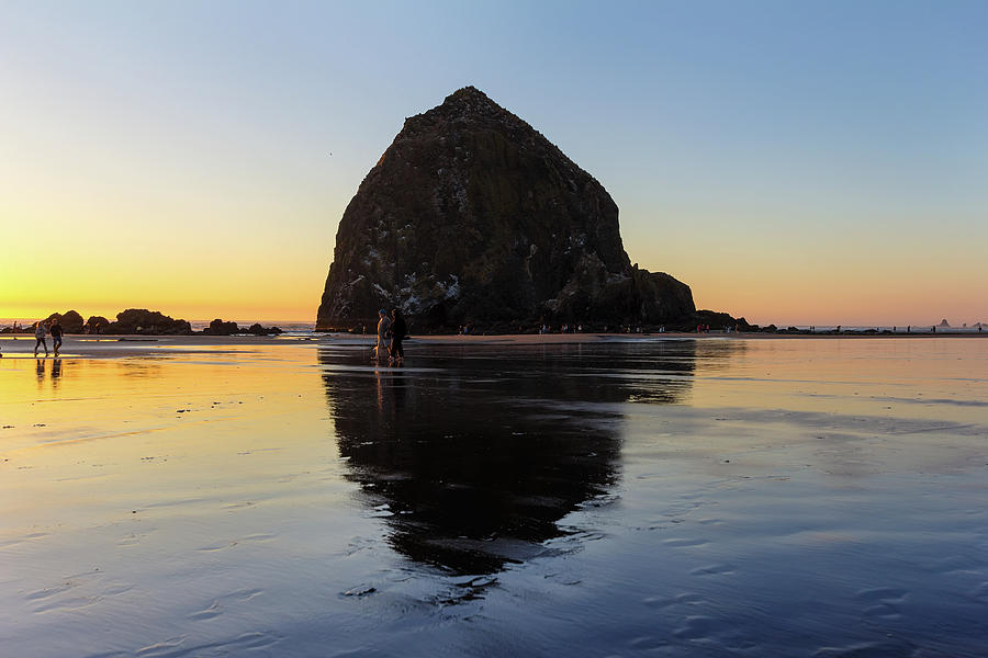 Beachcombers by Haystack Rock in Cannon Beach Photograph by David Gn