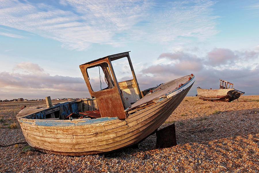 Beached - Abandoned Old Fishing Boats at Dungeness by Gill Billington