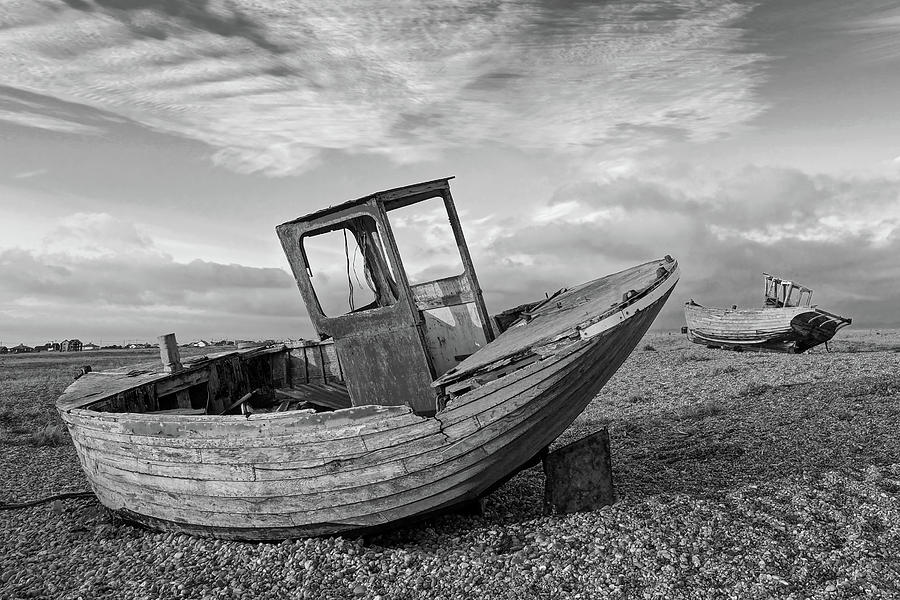 Beached - Abandoned Old Fishing Boats at Dungeness in Black and White Photograph by Gill Billington
