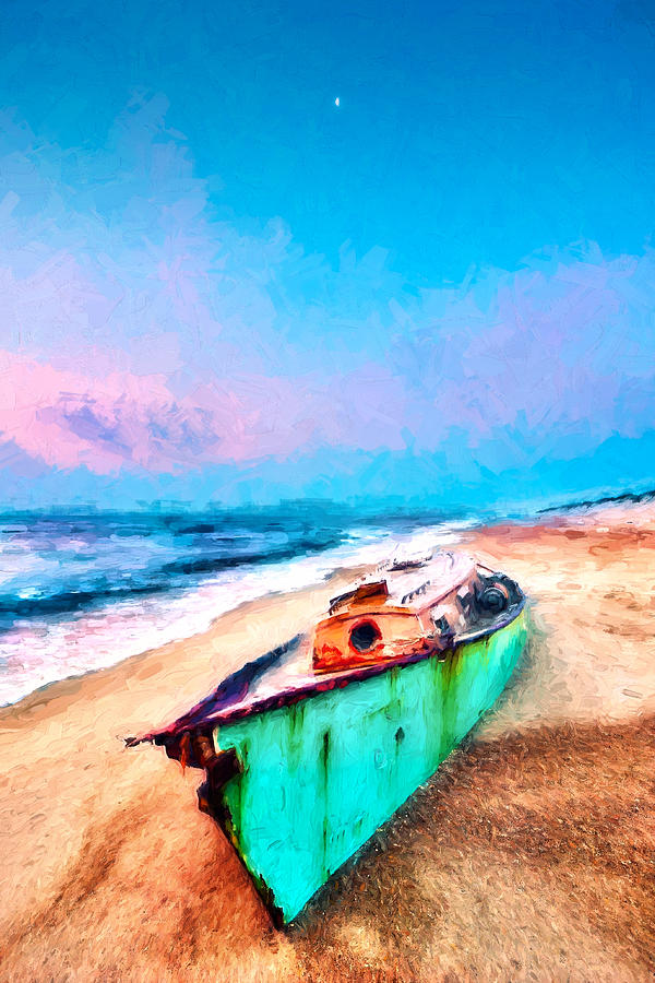 Beached Boat and Moon on Outer Banks AP Painting by Dan Carmichael