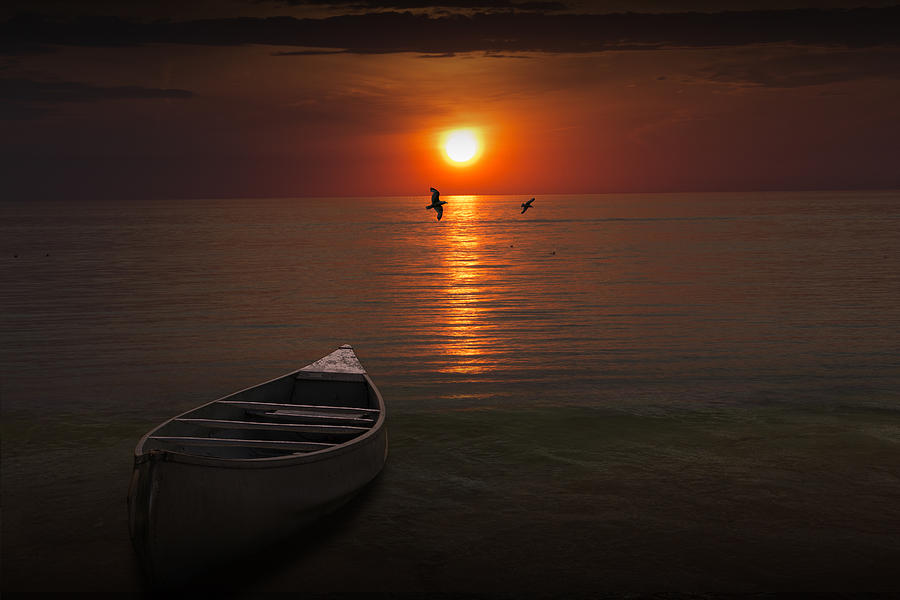 Lake Michigan Photograph - Beached Canoe during Sunset by Randall Nyhof