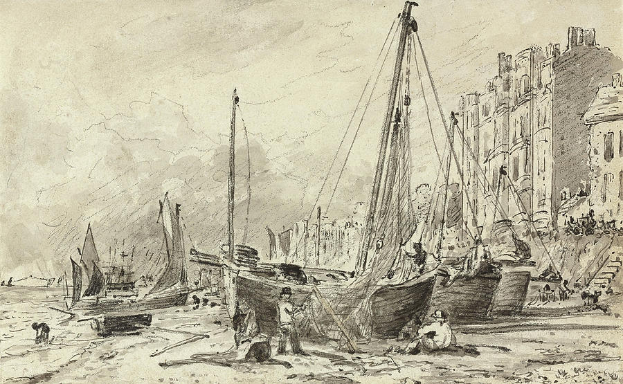 John Constable Drawing - Beached fishing boats with fishermen mending nets on the beach at Brighton, looking West by John Constable