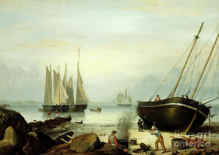 Fitz Henry Lane Painting - Beached for Repairs, Duncans Point, Gloucester, 1848 by Fitz Henry Lane