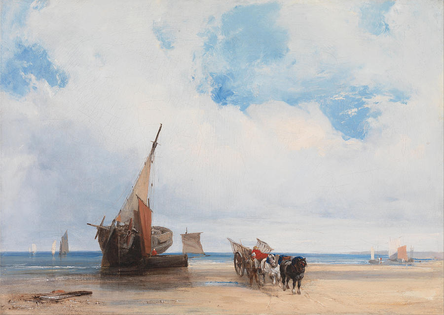 Richard Parkes Bonington Painting - Beached Vessels and a Wagon near Trouville France by Richard Parkes Bonington