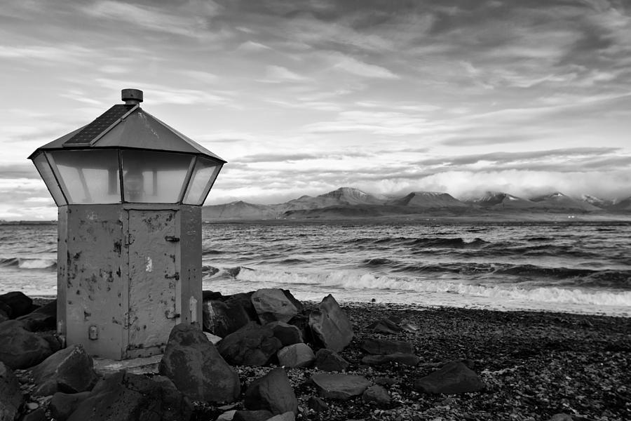 Mountain Photograph - Beacon at Hvaleyrarviti in Iceland BW by Andres Leon