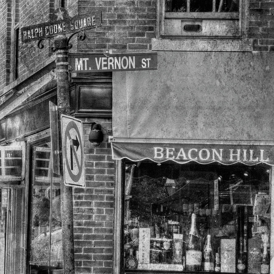 Beacon Hill Boston Gritty Street Sign - Black and White Photograph by Joann Vitali