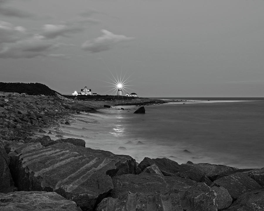 Beacon in the Night Judith Point Lighthouse Narragansett Rhode Island RI Breakwater Black and White Photograph by Toby McGuire