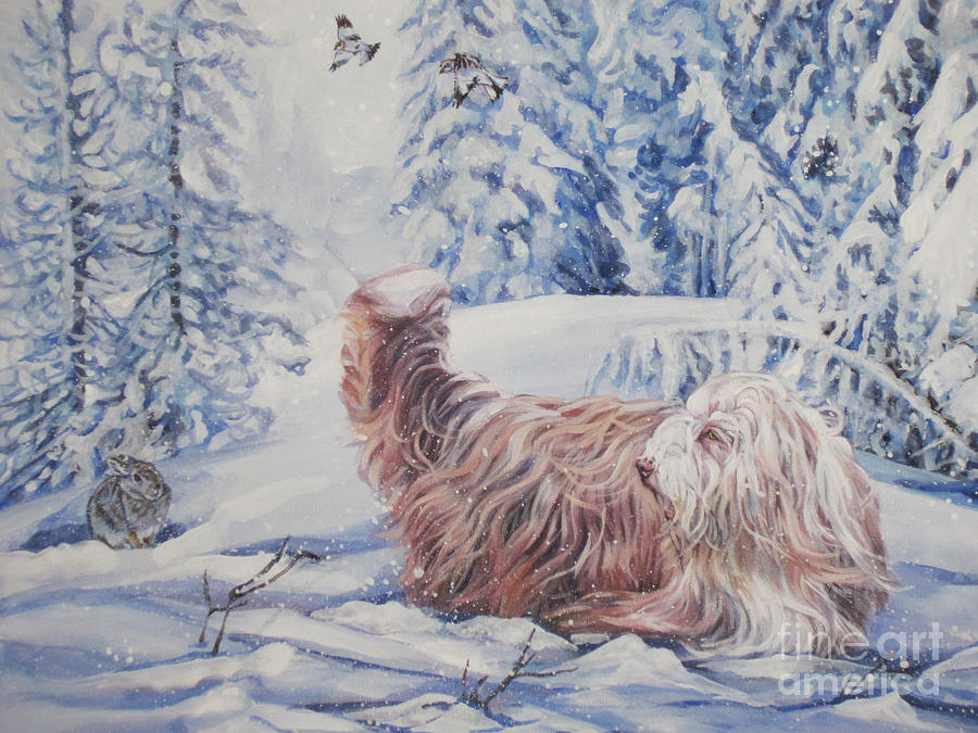 Bearded Collie in the Snow Painting by Lee Ann Shepard