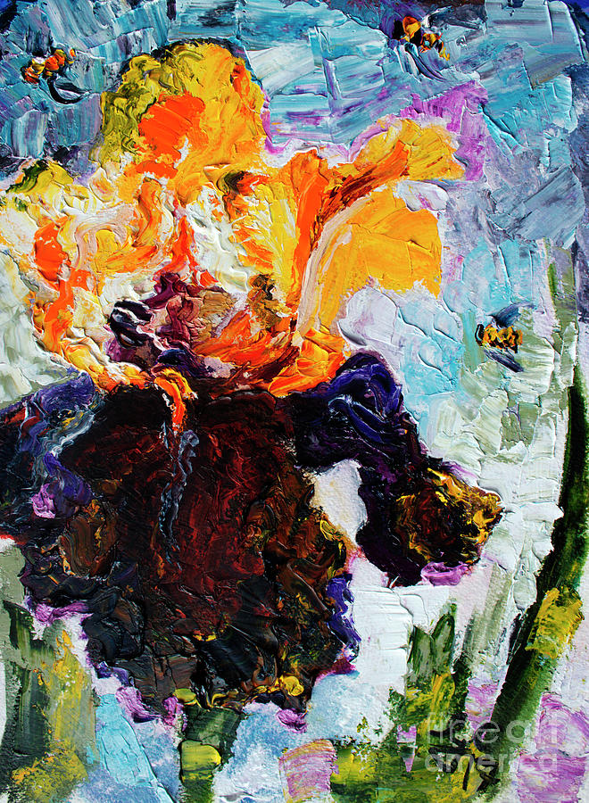 Bearded Iris and Bees Modern Impressionist Oil Painting Painting by Ginette Callaway