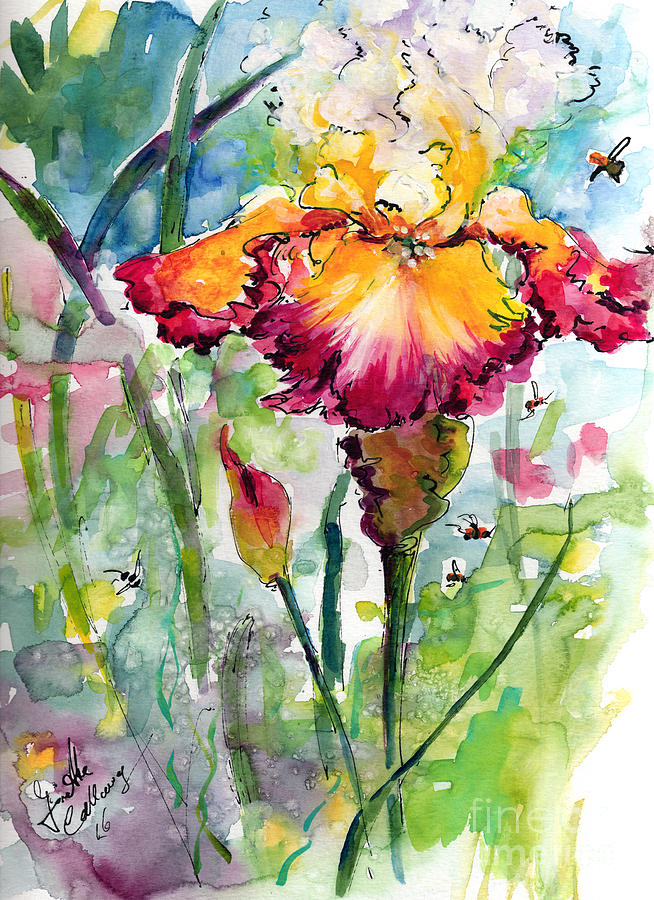 Bearded Iris and Bees Watercolor Painting by Ginette Callaway