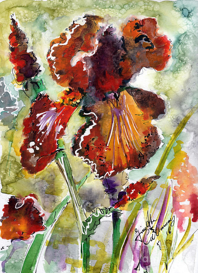 Bearded Iris Brown Sally Watercolor Painting by Ginette Callaway